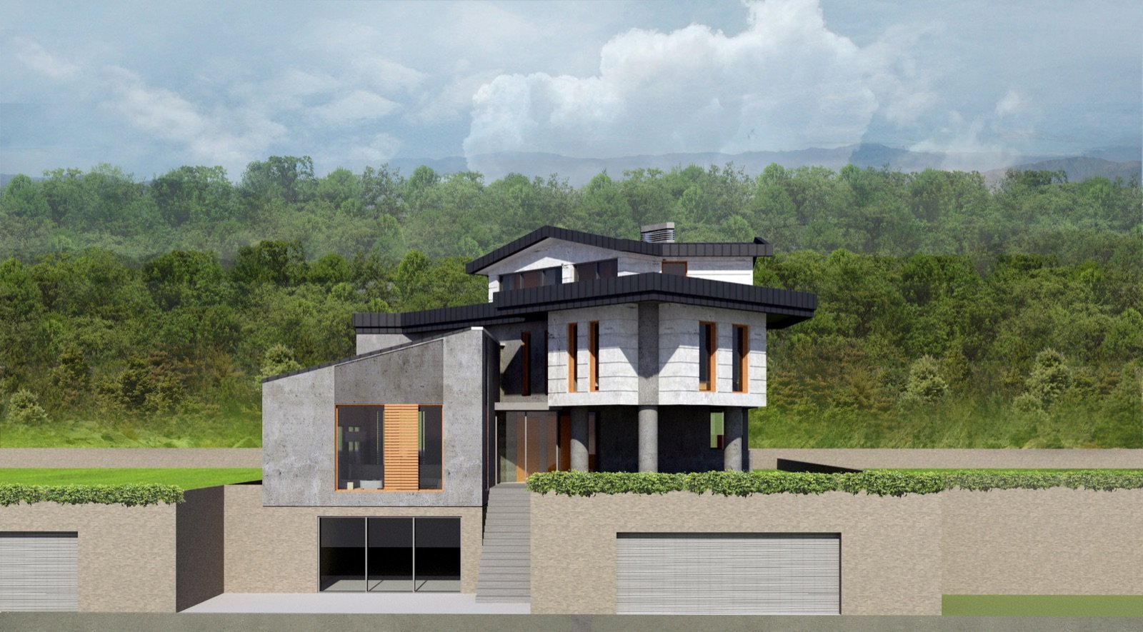 TirolHaus entrance elevation — concrete and timber massing under a mountain backdrop