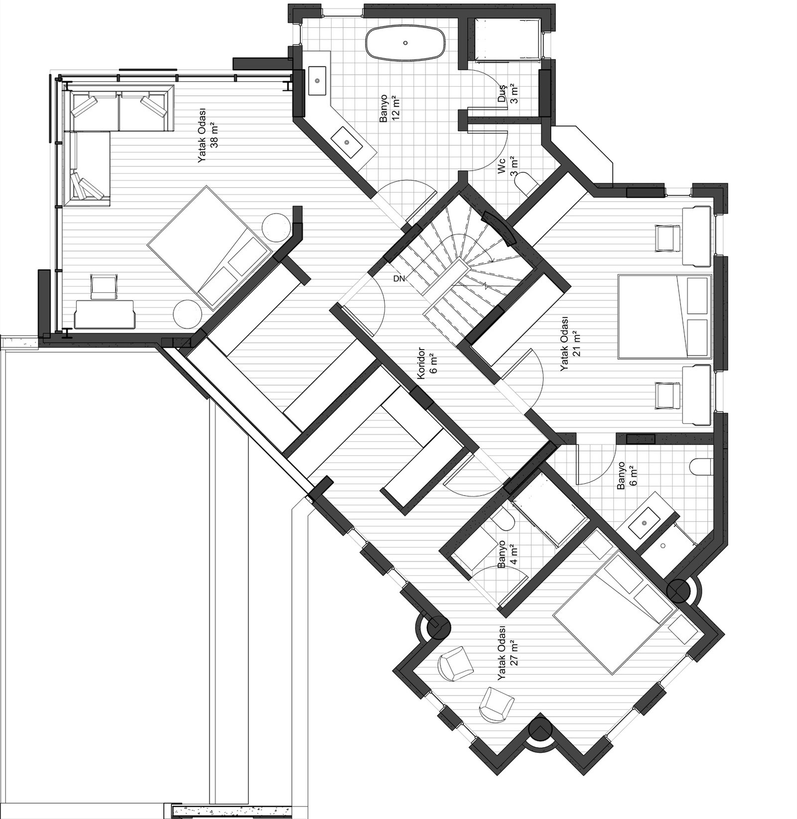 First floor plan — master suite and two guest bedroom suites